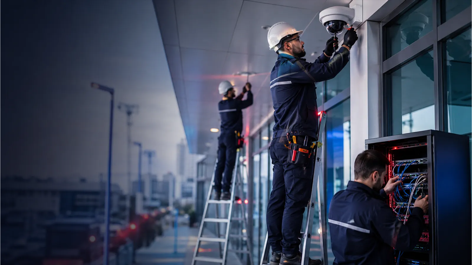 Técnicos de Fox Tech instalando cámaras de vigilancia en un edificio