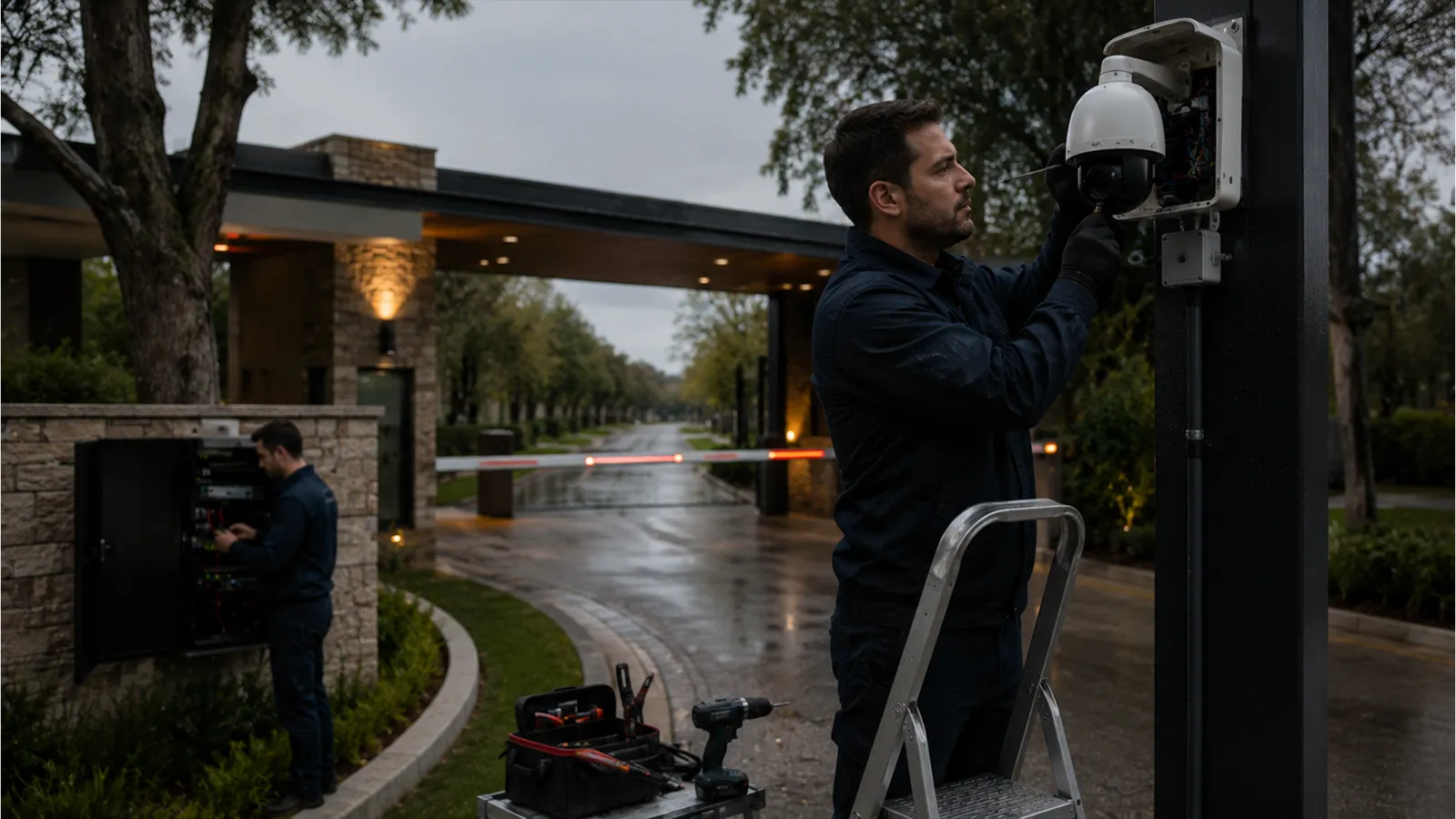 Técnico de Fox Tech instalando una cámara en el acceso de una urbanización